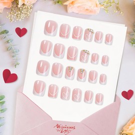 TENPAL 24pcs Press on Nails Kit with Tools - Valentine's Day Short Square Fake Nails, White French Tips False Nails with Hearts & Stripes, Sweet & Edgy Vibrant Reusable Nail Designs Artificial Nails