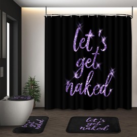 ArtSocket 4PC Purple Let's Get Naked Shower Curtain Sets Gold and Black Bathroom Decor with Rugs, Non-Slip Rug,Toilet Lid Cover, Bath Mat and 12 Hooks 72x72 inches