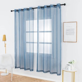 BERMINO Blue Semi Sheer Curtains Faux Linen Sheer Curtains 45 Inch Length Window Curtain with Grommet for Bedroom Living Room 2 Panels, 54 Wx 45 L, Grey Blue