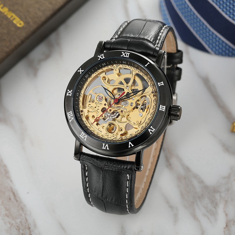 FORSINING Automatic Mechanical Hollow Out Waterproof PU Leather Strap Male
