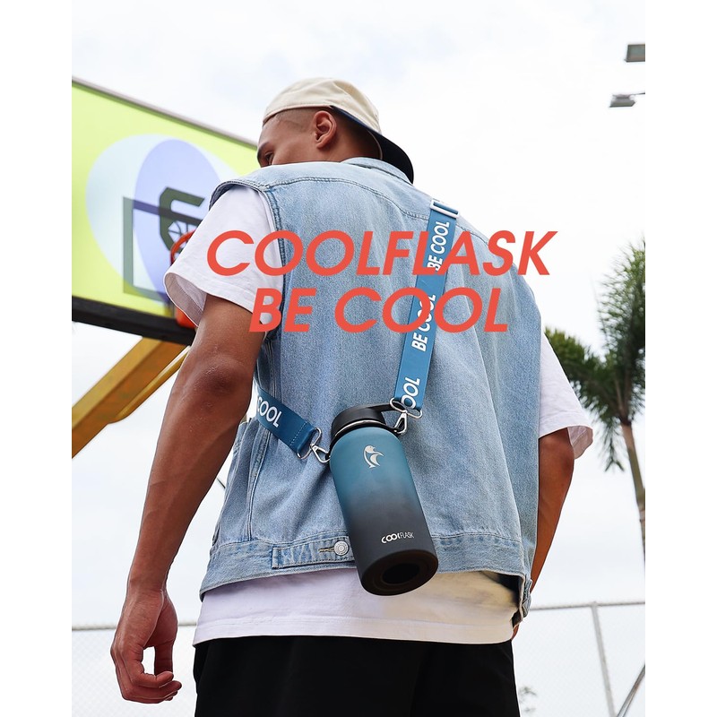 Coolflask Insulated Water Bottle with Strap, 32 oz Metal Water