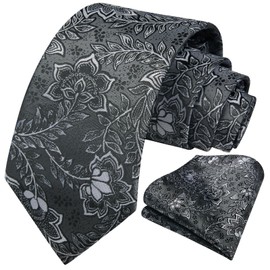 HISDERN Black Ties for Men Extra Long Paisley Floral Tie Handkerchief Set Classic Woven Silk Business Tie and Pocket Square Wedding Formal Party