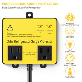 Refrigerator Surge Protector, Ortis Double Outlet Voltage Protector for Home Appliances with Time Delay, Protects Against Brownout, Spike, Instant Surge All Voltage Abnormalities, Yellow