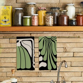 Qpenm Abstract Boho Green and Beige Floral Kitchen Towels Set of 2, Retro 70s Groovy Floral Hand Towels for Bathroom Decor, Modern Minimalist Botanical Dish Tea Towels for Kitchen Decor, 16x24 Inch