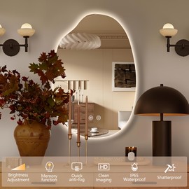 TheiaMo LED Bathroom Mirror with Lights, 32"x22" Frameless Irregular LED Mirror, Anti Fog Backlit Mirror for Bathroom Bedroom Living Room, Dimmable with 3 Colors, Memory Horizontal/Vertical