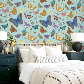 VEELIKE Whimsical Butterfly Wallpaper Peel and Stick Blue Butterflies Contact Paper for Cabinets Shelves Accent Wall 17.7''x354'' Removable Prepasted Insect Wall Paper for Bedroom Nursery Bathroom