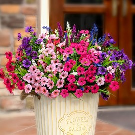 Waipfaru Artificial Flowers for Outdoors, 24 Bundles Fake Outdoor Flowers, UV Resistant Faux Plants, Silk Artificial Plants for Outside Garden Porch Planters Window Home Decor, Red & Pink & Purple