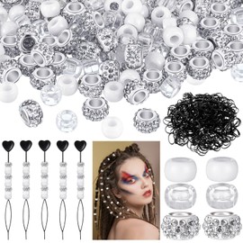 WILLBOND 1355 Pcs Beads for Hair Braids Kit for Girls Includes 100 Large Hole Rhinestone European Beads 800 Clear Pony Beads 450 Elastic Hair Bands 5 Quick Beader for Kids Hair Braids