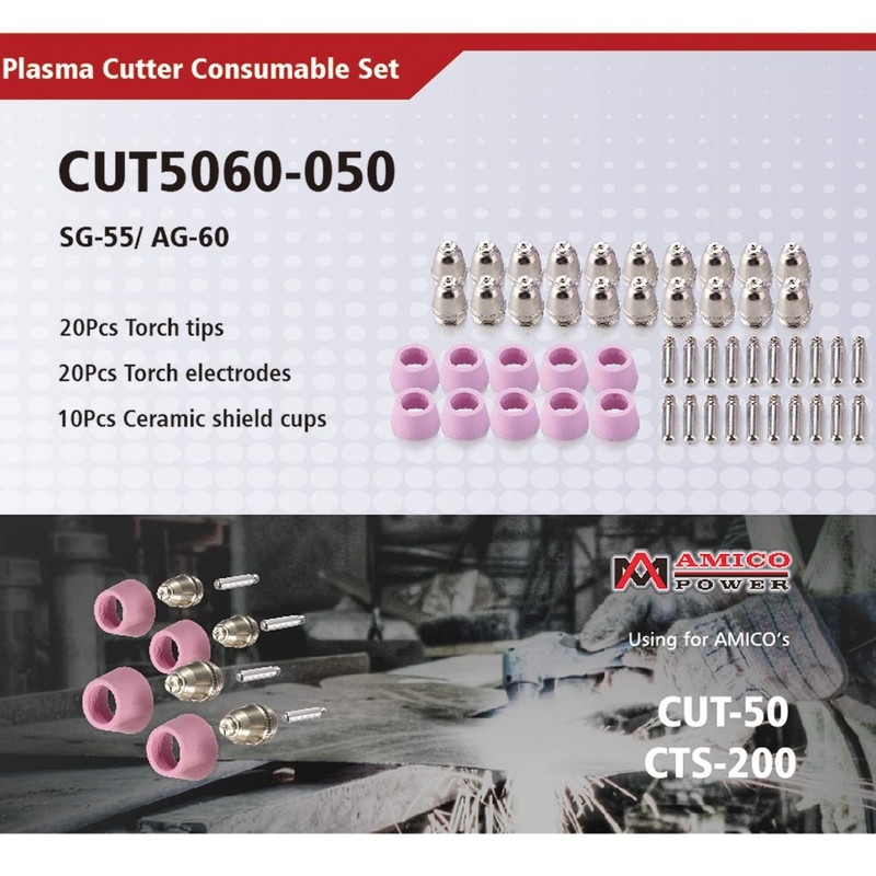 Amico CUT5060-050, 50 Pcs Plasma Torch Consumables: 20 Nozzles, 20