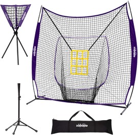 Zupapa 7 x 7 Feet Baseball Softball Net Tee Caddy Set, Hitting Pitching, Baseball Backstop Practice Net for Pitching Batting Catching for All Skill Levels, Carry Bag Strike Zone Included