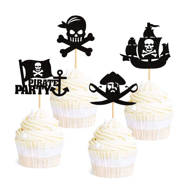 Ercadio Paquete de 24 adornos piratas para cupcakes, color negro con purpurina náutica, vela, diseño de pirata, fiesta de cumpleaños, decoración de tartas