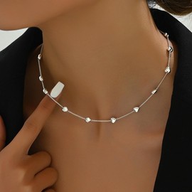 LAIHUARYWA Silver Heart Chain Necklace for Women Heart Station Choker Dainty Simple Delicate Minimalist Trendy Jewelry Pendant Disc Chain Statement Necklace Party Prom Light Wear