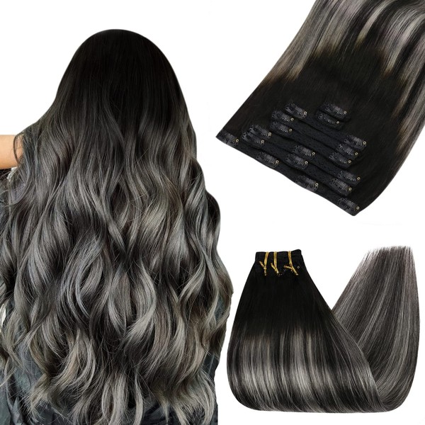 Ugeat Clip-In Real Hair Extensions, Balayage Hair Black Hair Extensions with Silver Hair Extensions Clip in Real Hair with 7 Pieces, Full Head Clips Hair Extensions 35 cm 100 g