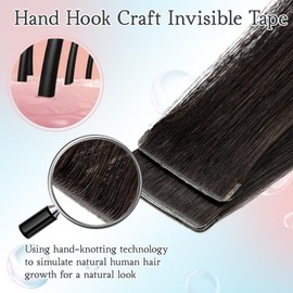 TESS Injection Tape In Hair Extensions Human Hair Invisible Injected Tape Seamless Real Hair Straight 10 Pcs 25G - #1B Natural Black - 20 Inch
