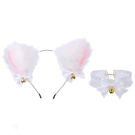 Fox Cat Ears Headband Lace Bow Choker Necklace with Bell Cute Anime Plush Fur Neko Ear Headband Headpiece for Women (White)