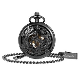 TREEWETO Mechanical Skeleton Pocket Watch Lucky Phoenix & Dragon Hollow Case with Chain + Gift Box