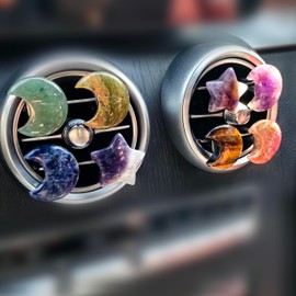 Natural Crystal Charms Car Vent Clips Decor Moon and Star Healing Stone Quartz Car Accessories Parts,Charm car Crystal, car Gifts (Crystal star,rose quartz)