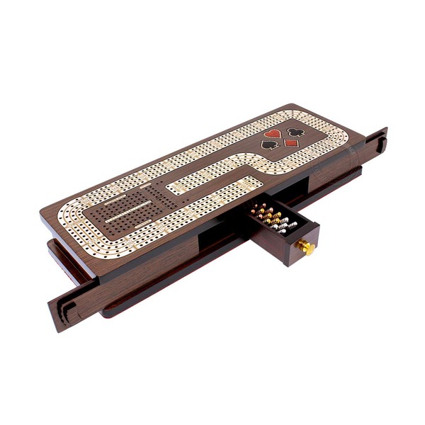 House of Cribbage - Continuous Cribbage Board/Box Inlaid in Wenge Wood/Maple : 4 Track - Cards & Pegs Storage Drawer with Score Marking Fields for Skunks, Corners and Won Games