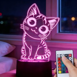 Lumipallas Cat Night Light Remote Control, Kitty Cute 3D Illusion RGB, Touch Bedside Lamp, Gifts for Kids Birthday, Bedroom Decor, Kids Room, Baby Nursery