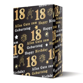 Ovanda Geschenkpapier Schwarz Gold, 18 Happy Birthday Wrapping Paper Jumbo Size 70 * 50cm, 5 Sheets Happy Birthday Paper With, Geschenkpapier Rolle, Geschenk Papier für Girls Boys Women Men Kids