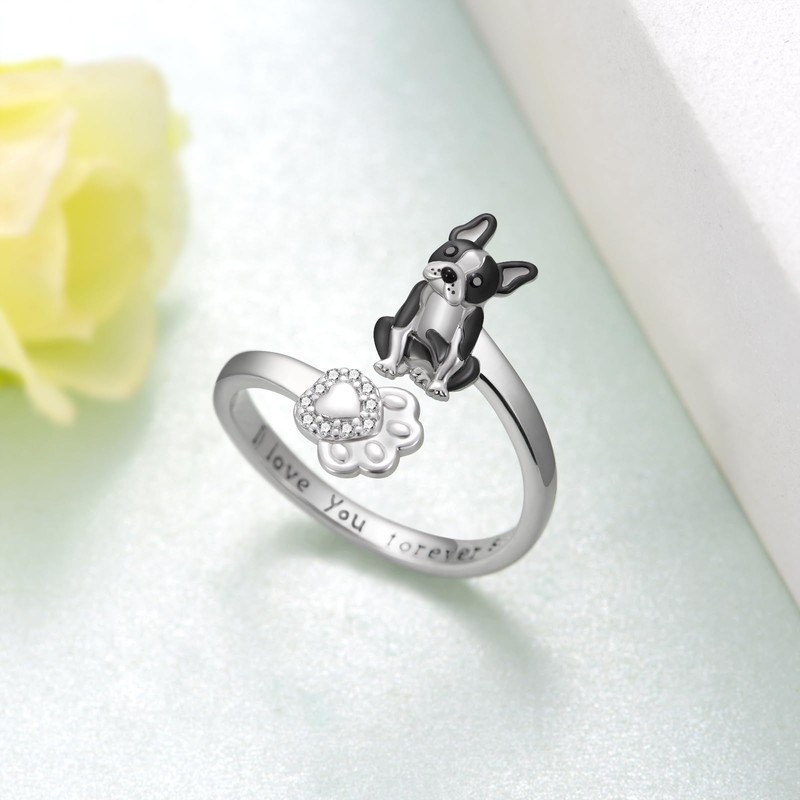 SVODEA Boston Terrier Gifts 925 Sterling Silver Boston Terrier Ring
