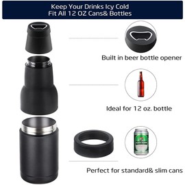 DEAUVIOR 3 in 1 Beer Bottle and Can Cooler, Vacuum Insulated Double Walled Stainless Steel Cooler with Beer Opener, 12 oz Slim Can Insulator Holder (Silver)