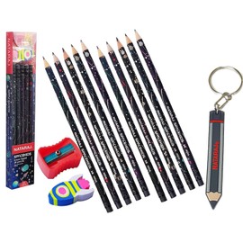Nataraj Pencils For Children | Kids Writing Pencils | Spacekids | BLACK Lead | Pack of 10 | Wood Cased | Rubber Tip Pencils | Sharpener | + FREE Key Ring