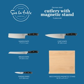 Sur La Table Kitchen Essentials 5 Piece German Steel Blade w/Triple Riveted Handle Set on Beechwood Magnetic Block - Black