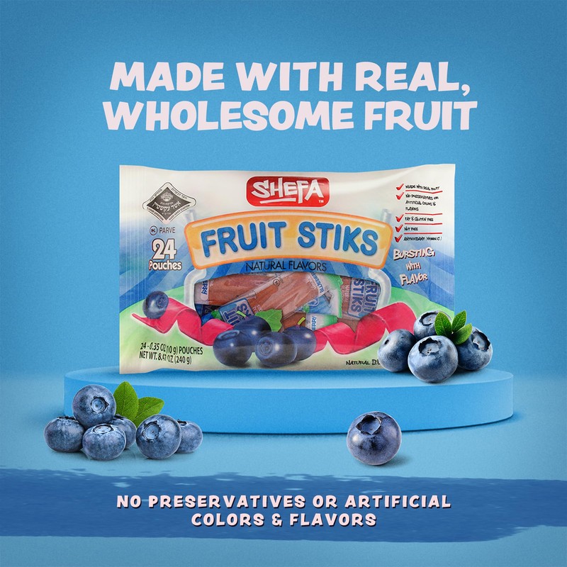Shefa Blueberry Flavor Real Fruit Sticks (24 Count) | Dye