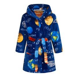 NautySaurs Boys Dressing Gown Girls Bathrobes Soft and Warm Children's Hooded Flannel Fleece Robe for Kids, Planet - Blue, 2-3 Years