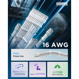 AsiaHorse 16AWG PSU Cable Extension Power Cords, Customized Power Supply Mod Sleeve Extension Cable, ATX/EPS/8-pin PCI-E/6-pin PCI-E for PSU Cable (Pure White)