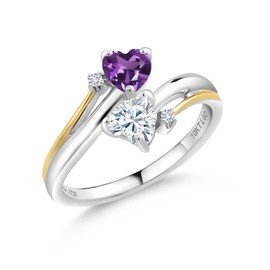 Gem Stone King 2-Heart Couple Mother Engagement Ring for Women | 925 Silver 10K Yellow Gold | 5MM Heart Gemstone Birthstone Moissanite and Lab Grown Diamond Ring | Amethyst-February | 7