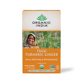 ORGANIC INDIA Tulsi Turmeric Ginger Tea Bags - Herbal Tea, Stress Relieving & Harmonizing, Immune Support, Healthy Inflammatory Response, Aids Digestion, Caffeine-Free - 18 Infusion Bags, 1 Pack