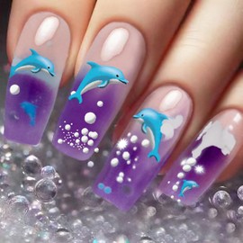 Summer Press on Nails Coffin Long Glue on Nail Lines Purple Gradient Dolphin Design Colorful Stick Fake Nails Coffin Nail Press Ons Glossy Acrylic False Nails for Girls Women 24PCS