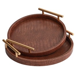 JUMBO HUMBLE Modern Decorative Serving Tray, Set of 2 Modern Crocodile Leather Round Trays with Polished Metal Handles, Decorative Trays Coffee Table Tray Ottoman Platter for Home Decor (Brown)