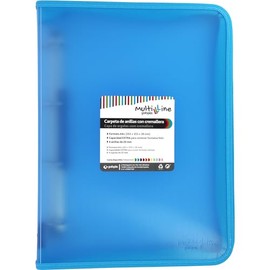 Grafoplás Ring Binder with Zip A4+, Light Blue, Multiline, 4 Mixed Rings 25 mm, Vertical Ruled Polypropylene Cover, Extra Capacity for Sheets of Paper, Folio Format