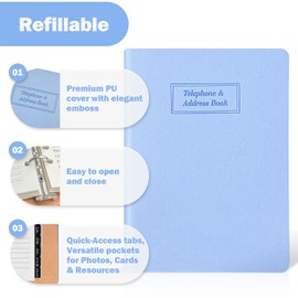 Refillable Address Book with Alphabetical Tabs, Blue Hardcover Phone Book 648 Contact Book with 48 Passwords Combo Book, Large Prints, Easy for Seniors, Home Office, A5