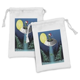 Ambesonne Outer Space Fabric Pouch Set of 2, Alien Santa Claus Hat Kidnaps a Tree with Ornaments Night Airship Print, Small Drawstring Bag for Toiletries Masks and Favors, 9" x 6", Green Blue