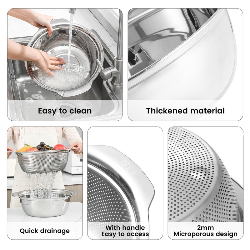 304 Stainless Steel Microporous Colander with Handle, Rice Washers Microporous