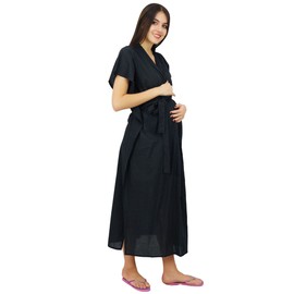 Bimba Nursing Black Cotton Kaftan with Belt Front Buttons Maternity Night Wear