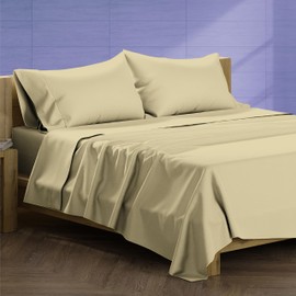 XOOX Linen 100% Egyptian Cotton Sheets Queen Size - 1500 Thread Count Queen Size Sheets Set Egyptian Cotton, 4 PC Luxury Bedsheet (Beige), Soft, Cooling, 17" Deep Pocket Sateen Weave Bedsheet Set