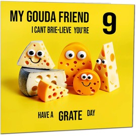 9th Friend Birthday Card - Cheese Pun Funny Best Friend Birthday Card for 9 Year old Kids Nine, Ninth