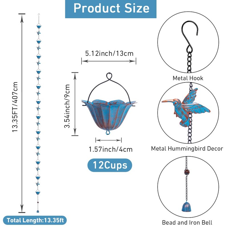 giole 13.4FT Rain Chain, Hummingbird Rain Chains for Outside, Copper