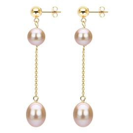 14K Yellow Gold Double Pearl Pink Freshwater Cultured Pearl Stud Dangle Earrings
