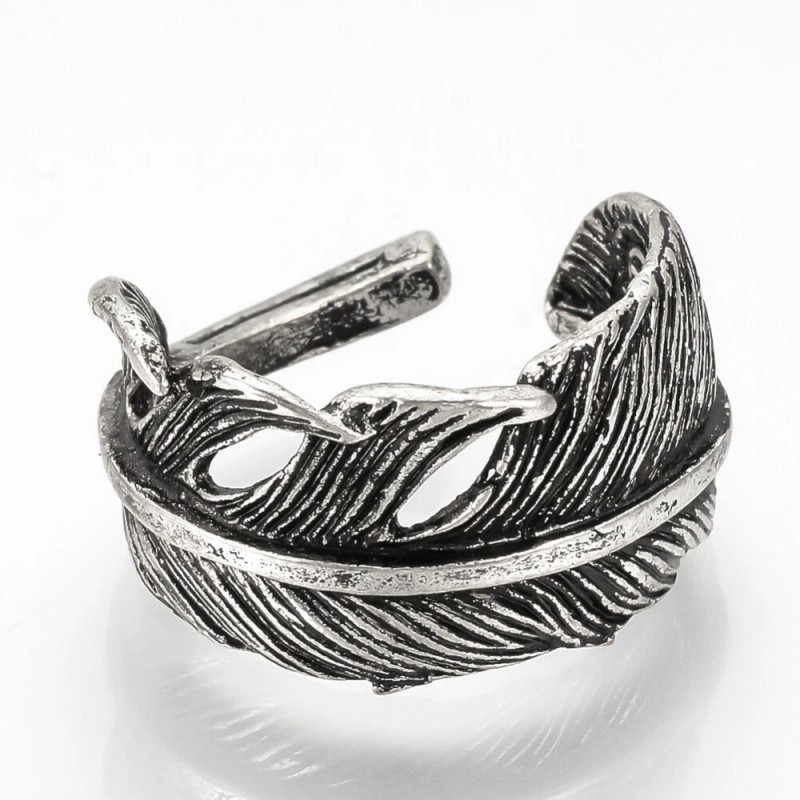 LZD Alloy Cuff Finger Ring Ring Feather Antique Silver Size