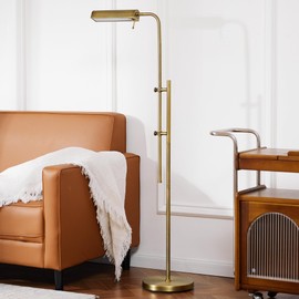 VONLUCE LED Floor Lamp, 62.5" Industrial Floor Lamp for Living Room with Adjustable Height Swing Arm Head 3 Color Temperatures, Metal Standing Pole Lamp for Bedroom Reading, Antique Brass