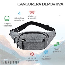 Canotagio Cangurera Deportiva de Viaje con Tela Impermeable de Amplia Capacidad. Para Hombre y Mujer. Excelente Riñonera de Viaje Ajustable. Fanny Pack/Running Belt/Travel Pouch. (Gris)
