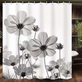 MERCHR Unique Floral Grey Shower Curtain for Bathroom Decor, White and Gray Daisy Flower Elegant Wildflower Design Farmhouse Shower Curtains with Hooks Set, 71 X 71 Inches