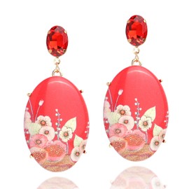 JeanBeau Large Pressed Flower Drop Earrings for Women Teen Girls – Statement Gold Tone Big Red Oval Teardrop Dangle Jewelry Gift