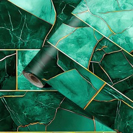 HOMETITUTE Green Marble Wallpaper Gold Line Modern Art Contact Paper Vinyl Self-Adhesive Removable Counter Peel and Stick Wall Paper for Wall Countertop Cabinets Furniture Home Decor 15.7"x39.4"